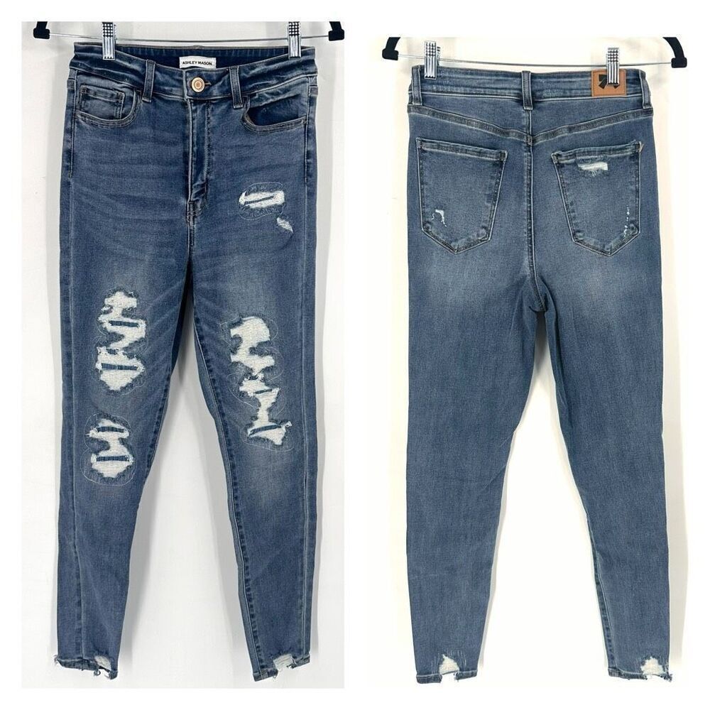 Ashley Mason Womens Distressed Skinny Leg Jeans Medium Blue Denim Patches Size 9